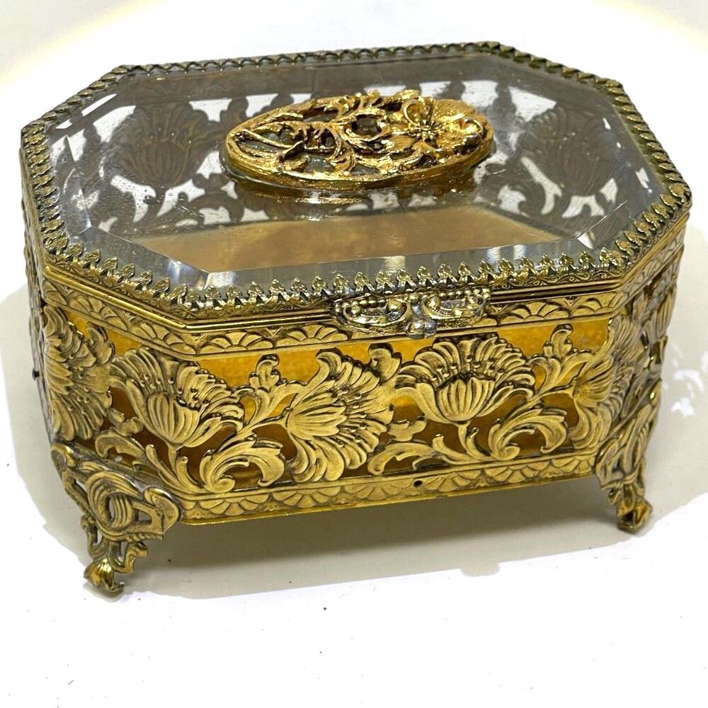Gold Filigree Jewelry Casket Ormolu Floral Large Footed Box Yellow Velvet Matson